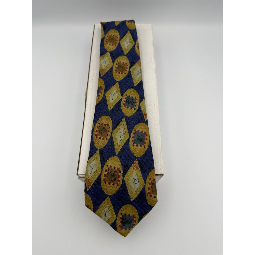 ERMENEGILDO ZEGNA Men's‎ 100% Silk Necktie ITALY Luxury Geometric Blue/Gold EUC